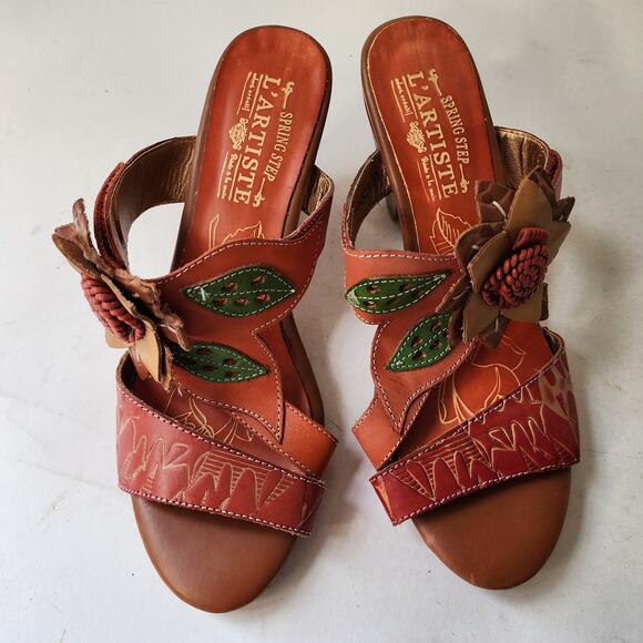 L'Artiste Spring Step Toucy Orange Floral Sandals EU 37 US 6.5-7 Stacked Heel - Picture 2 of 7